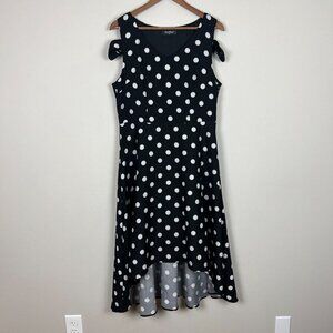 Noctflos Midi Dress Women XL Black White Polka Dot Cold Shoulder High Low A-Line